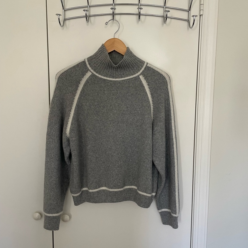 Mango Gray Mock Neck Sweater with Cream Trim